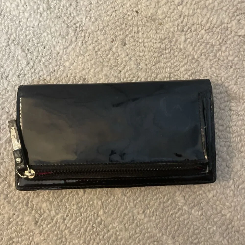 Vintage Kate Spade Black Patent Leather Embossed Logo Continental Flap Wallet
